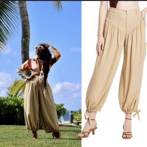 Fe Noel V Yoke Harem Pants With Drawstring Bottom Tan 2 Linen High Rise
